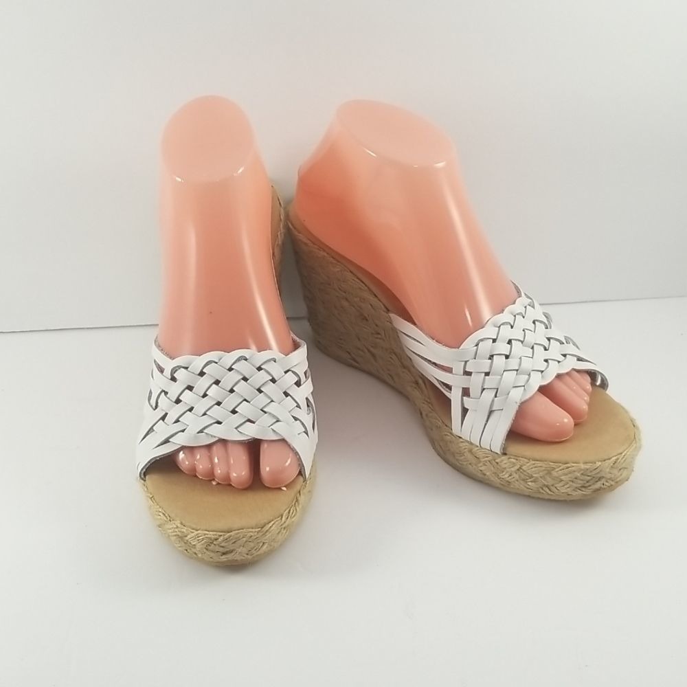 KORS Michael Kors White Woven Leather Espadrille Wedge Sandals Womens 10M